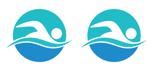 A set of two circular swimming logos with a swimmer and wave, perfect for swim schools, aquatic sports, or fitness clubs
