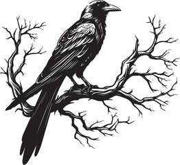 Vector art of black and white illustration of a raven perched on a branch isolated on white background