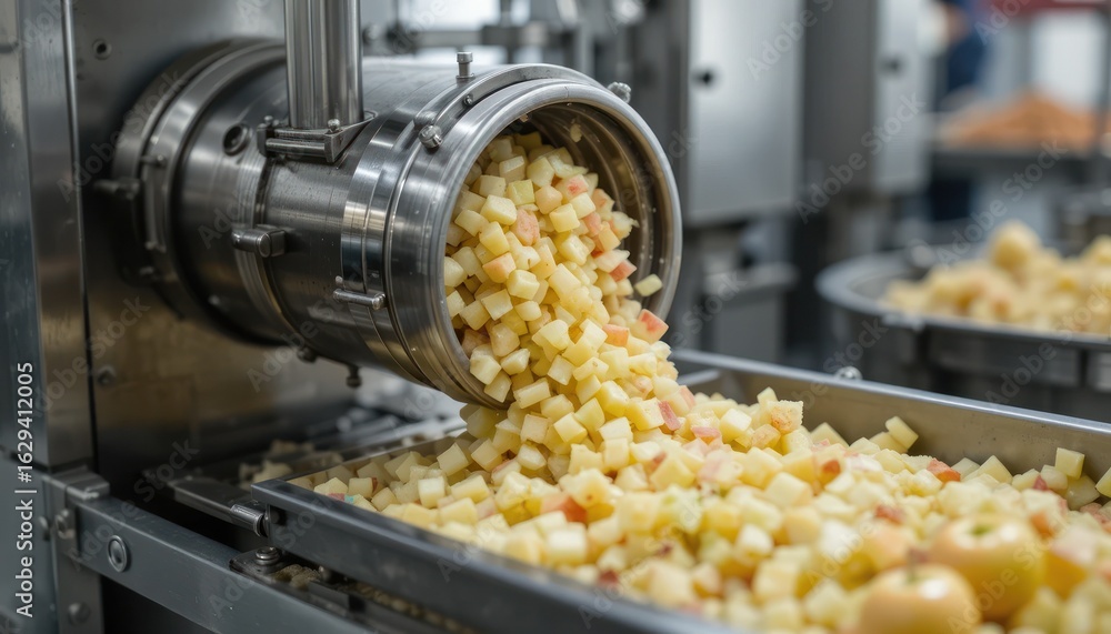 Poster industrial apple processing: diced apples flowing from a high-tech machine