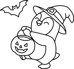 Penguin Trick or Treat with Pumpkin Bucket (Coloring Page Outline Illustration)