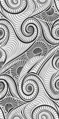 Intricate black and white abstract doodle art featuring flowing spirals and geometric patterns