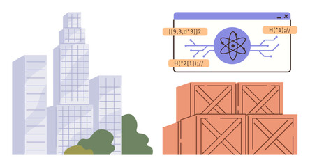 High-rise buildings near greenery, digital interface showcasing atomic research, and stacked wooden boxes. Ideal for technology, logistics, business, innovation, scientific research, industrial