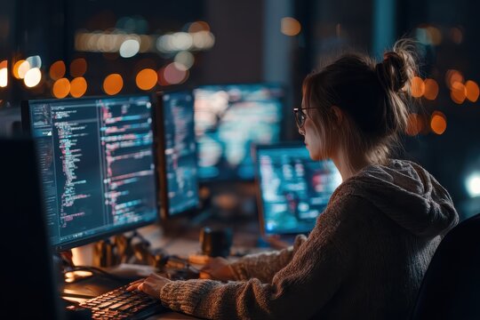 Female programmer codes in cyber security agency office during late night hours with multiple screens displaying data and programming languages