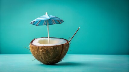 Refreshing tropical coconut drink with a blue umbrella and straw, set against a vibrant turquoise background, perfect for summer vacation and beach relaxation