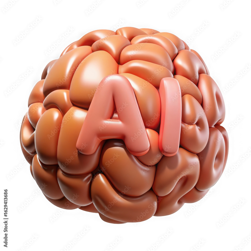 Poster close up of a realistic 3d rendered human brain with the letters ai embossed on its surface isolated