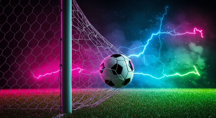 Futuristic Soccer Ball in Goal with Vibrant Lightning and Neon Colors