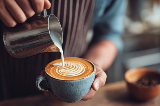 Barista skillfully pours espresso and creates beautiful latte art at a bustling coffee during the morning rush hour