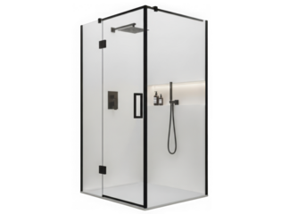 Modern black framed glass shower enclosure showcasing a minimalist design for contemporary bathroom interiors isolated on transparent background