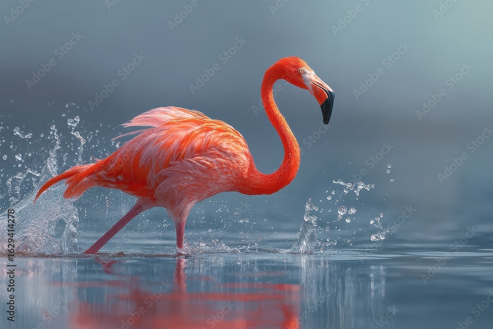 Poster flamingo dashes across water with vibrant feathers, creating dynamic splashes during a serene mornin