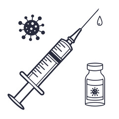 Medical syringe with a drop of liquid and a vial with a virus symbol representing vaccination against disease