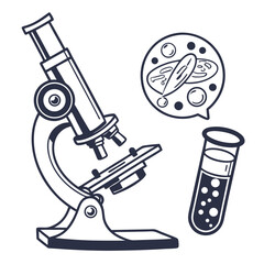 Scientific illustration of a microscope test tube with bubbles and a magnified view of cells in a speech bubble