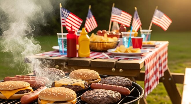 Festive 4th of July picnic featuring grilled burgers and hot dogs with american flags