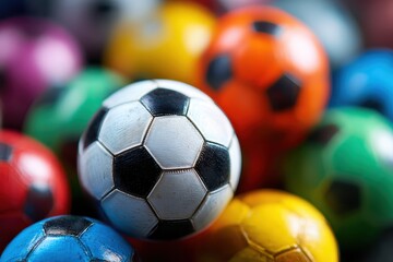 Colorful collection of soccer balls arranged against a blurred background, showcasing a vibrant assortment perfect for sports enthusiasts