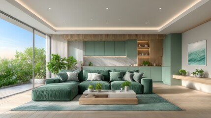 Modern teal living room with kitchen