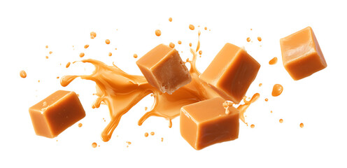 caramel sauce explosion effect with caramel cubes floating around it isolated on a transparent background