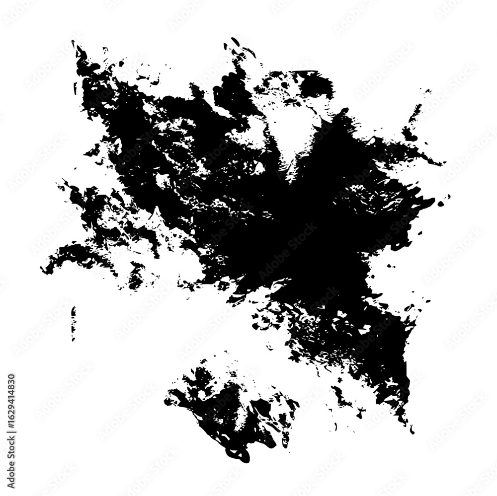 Poster abstract black ink blot with rough edges and textured surface on a white background creating contras