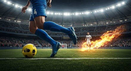 Female Soccer Player in Blue Uniform Kicking Soccer Ball in Stadium with Fire Effect