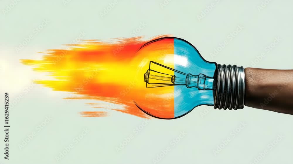 Poster a hand holds a light bulb with a fiery flame inside, creating a dynamic and energetic visual effect