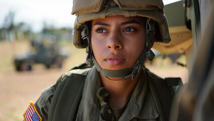 A focused soldier in military gear shows determination while preparing for a deployment during a training exercise in a vast outdoor setting. army and duty concept. Generative AI.