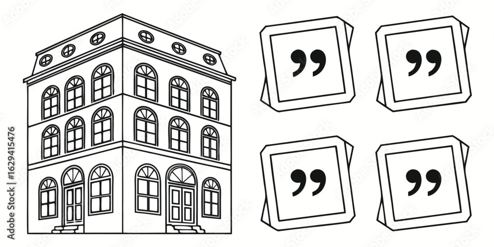 Poster vector art of building with quote marks isolated on white background, representing architecture and 