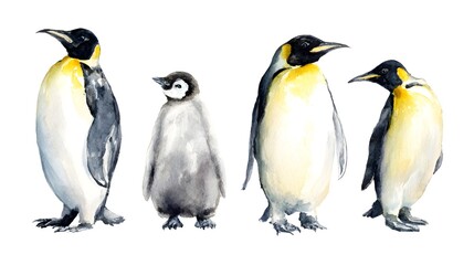 Fototapeta premium Set of watercolor illustrations: a family of emperor penguins, gulls and ice floes. It's perfect for winter design