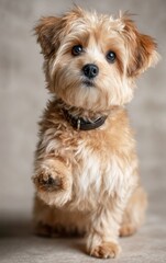 Adorable puppy raising paw, showing playful nature on neutral background