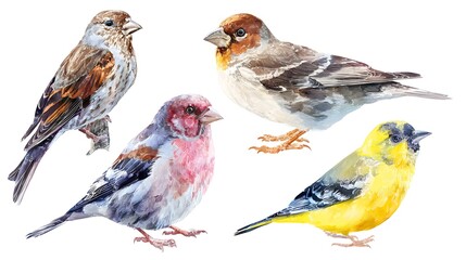 Fototapeta premium finch Birds Watercolor Hand Painted Illustration Set isolated on white background