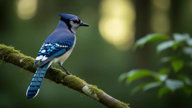 Captivating blue jay perched gracefully on a mossy branch in its natural habitat