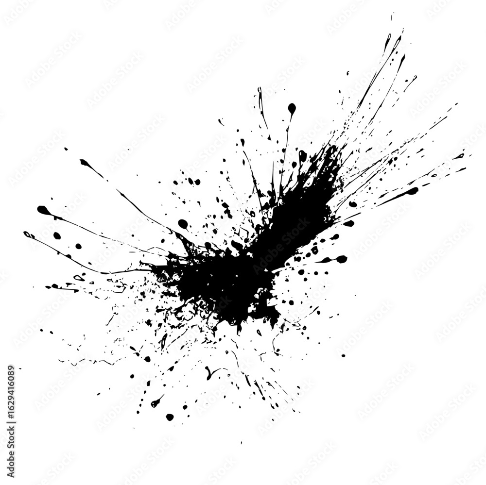 Poster a black ink splash with splatters and drips on a white background creating an abstract artistic desi
