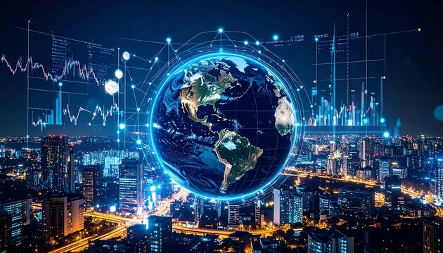 Night cityscape with a digitally enhanced globe, showcasing global connectivity and data flows