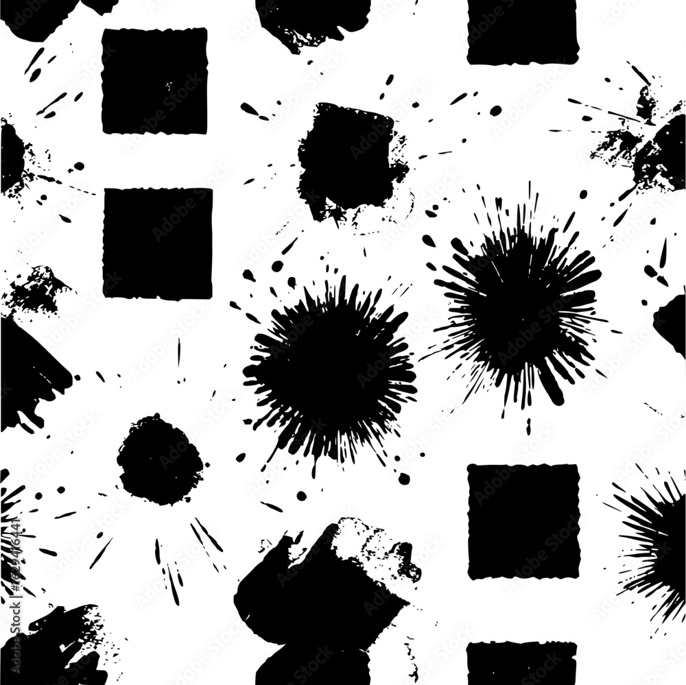 Poster seamless pattern with black ink splatters and squares on a white background creating an abstract des