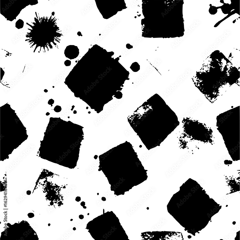 Poster seamless pattern of black ink squares and splatters on a white background creating a textured design