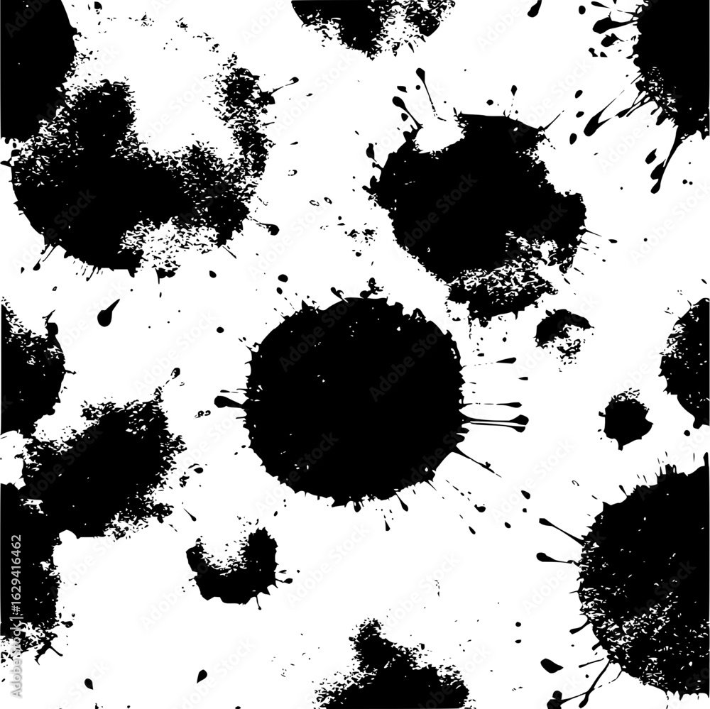 Poster monochrome seamless pattern of black ink blots and splatters on a white background creating abstract