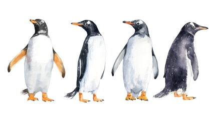 Set of watercolor illustrations: a family of gentoo penguins, gulls and ice floes. It's perfect for winter design