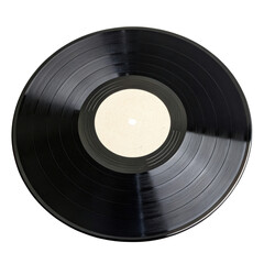 Obraz premium Vinyl disc resting on white surface, showcasing its polished black surface with central label area
