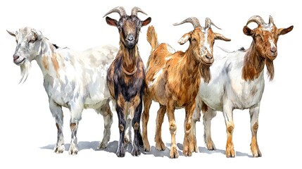 set watercolor of goat, animal illustration is drawn on an isolated white background