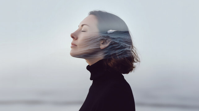 Mental health concept with double exposure of woman profile and ocean waves. Creative composite showing mindfulness meditation and inner peace through nature.