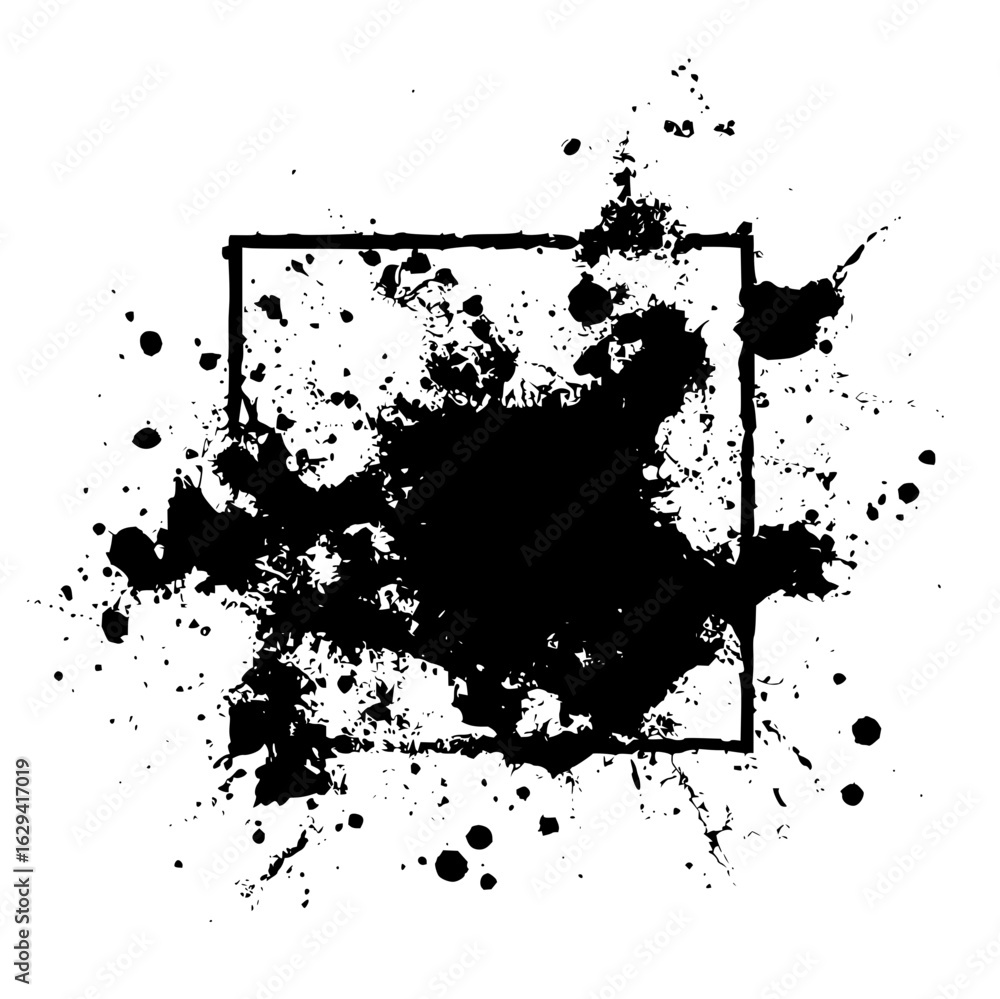 Poster black ink splatter effect within a square frame creating an abstract artistic composition design art
