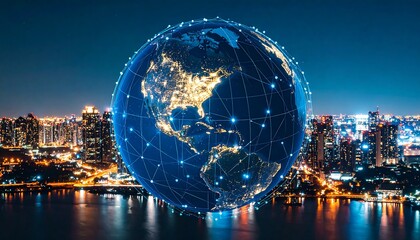Night cityscape with a glowing digital globe