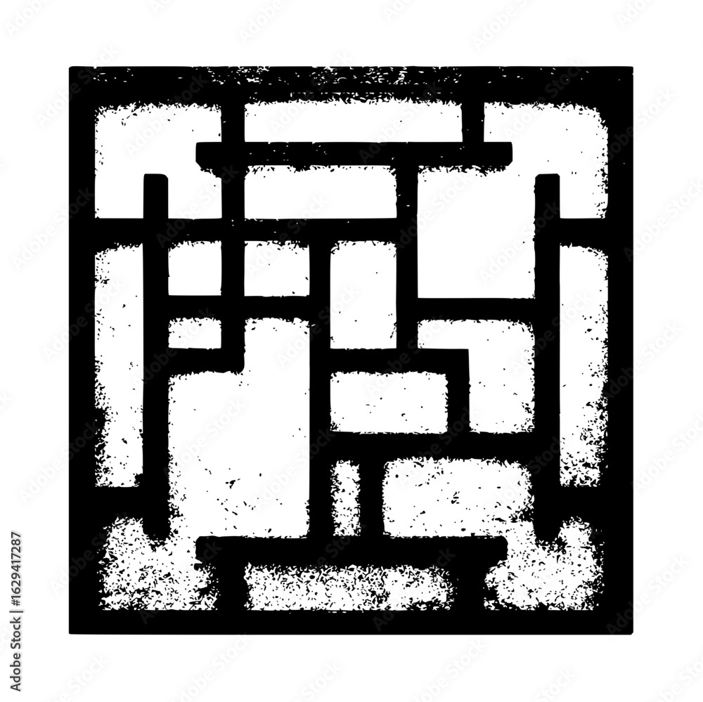 Poster a black and white abstract square design featuring a maze like pattern with rectangular shapes and t