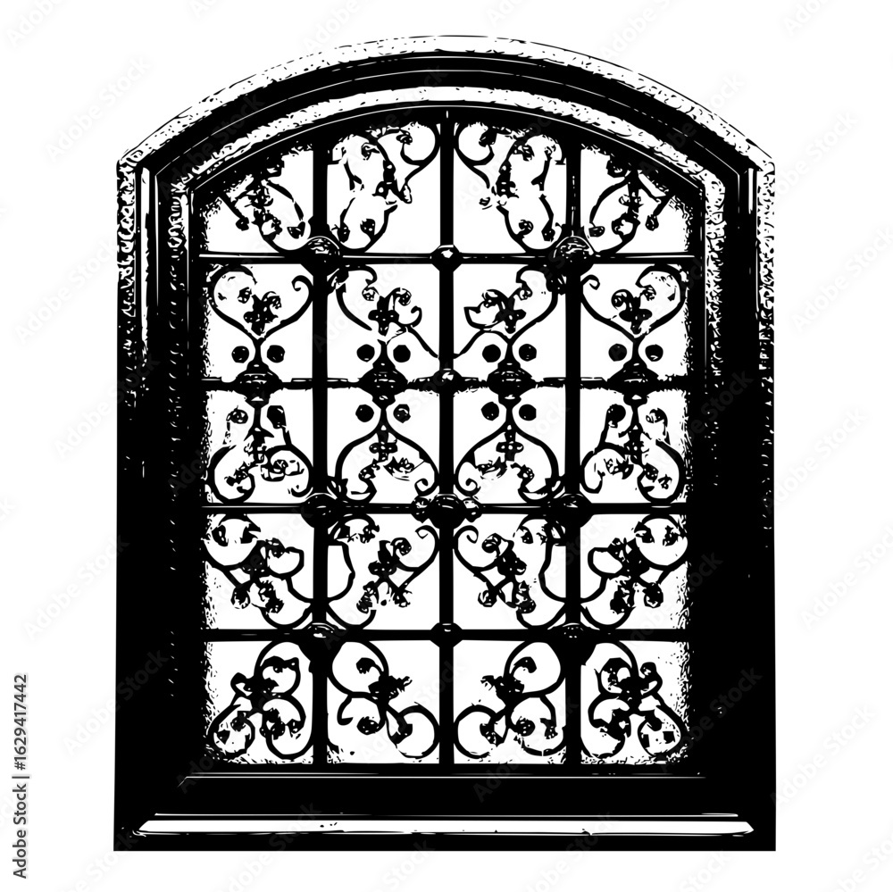 Poster decorative wrought iron window with an arched top and intricate floral and scrollwork design element