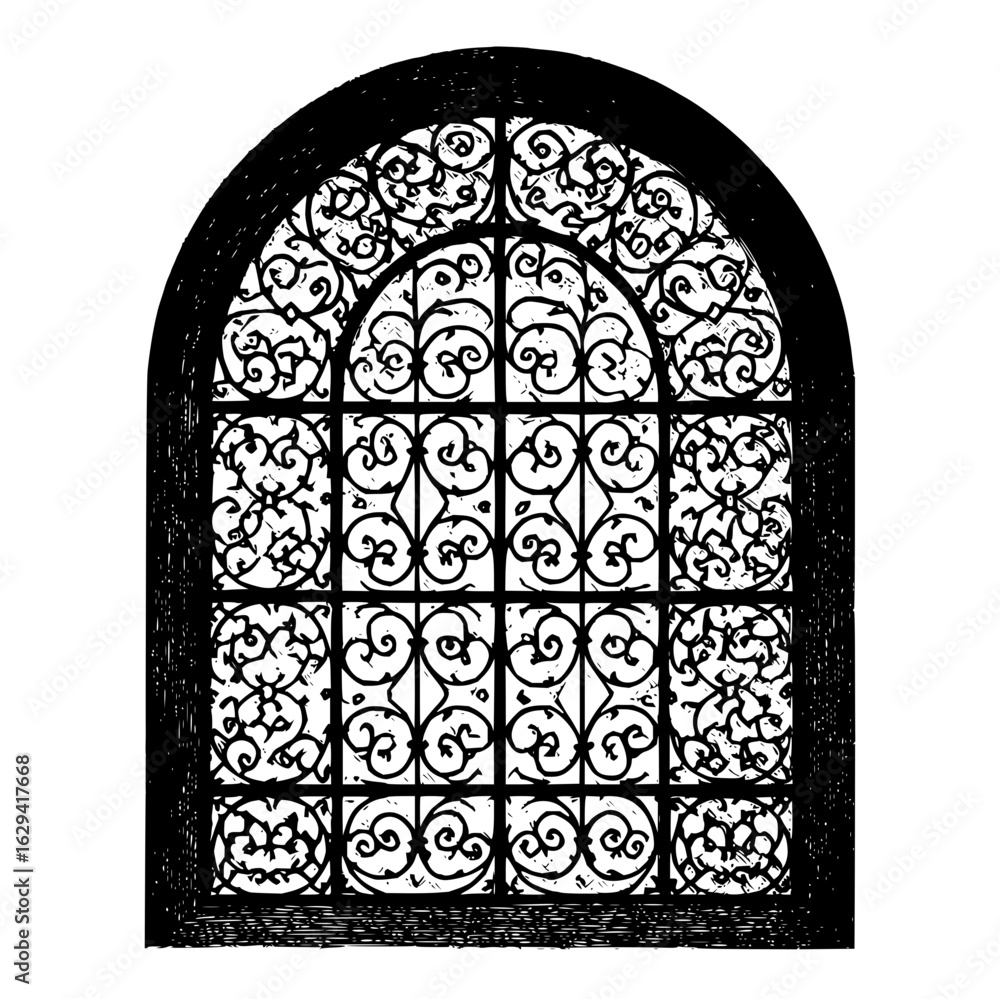 Poster ornate window with an arched top featuring an intricate scrollwork design in a black and white illus