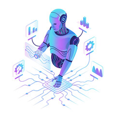Fototapeta premium Futuristic Robot Analyzing Data with AI Interface – Artificial Intelligence, Automation, Machine Learning Concept Illustration. 