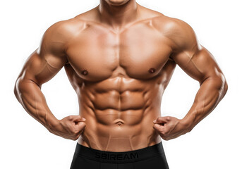 Fototapeta premium Close up of a muscular man flexing his biceps and abdominal muscles showing great physique and body definition after intense workout isolated on transparent background