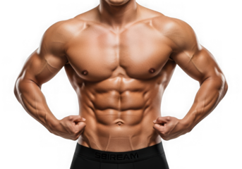 Close up of a muscular man flexing his biceps and abdominal muscles showing great physique and body definition after intense workout isolated on transparent background