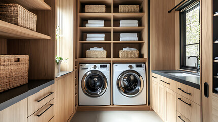 Laundry room design ideas: modern laundry room with washer dryer and wooden cabinets and shelves storage