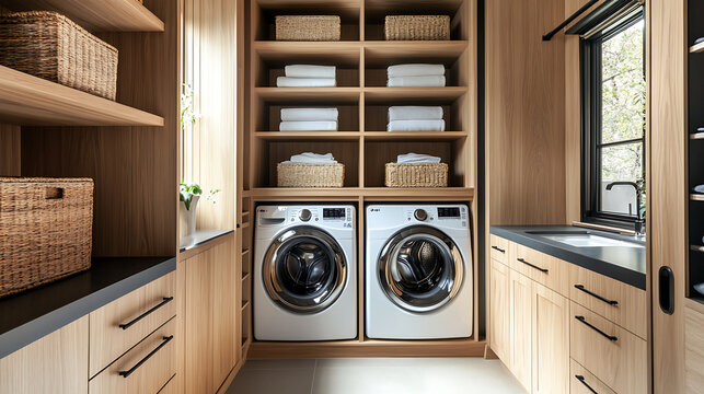 Laundry room design ideas: modern laundry room with washer dryer and wooden cabinets and shelves storage