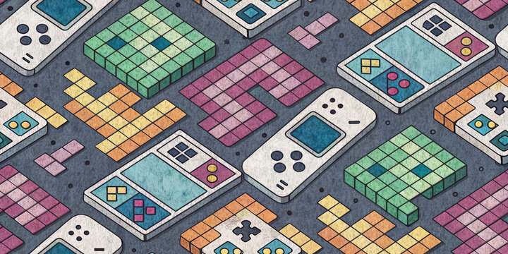 Retro handheld gaming devices and colorful pixel blocks create a vibrant, nostalgic pattern