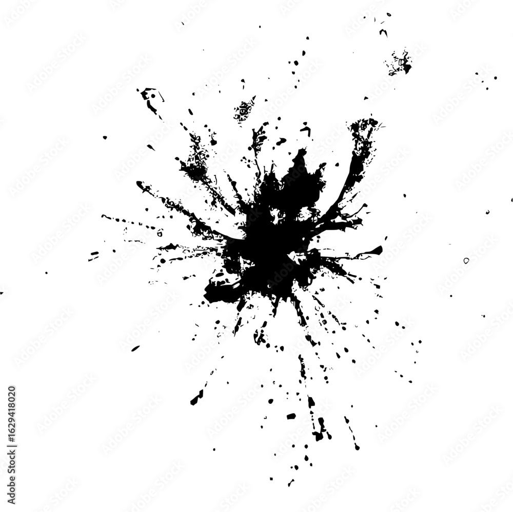 Poster a black ink splatter with radial streaks on a white background creating an abstract visual pattern a