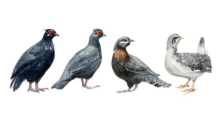 Obraz premium set watercolor of grouse, bird illustration is drawn on an isolated white background